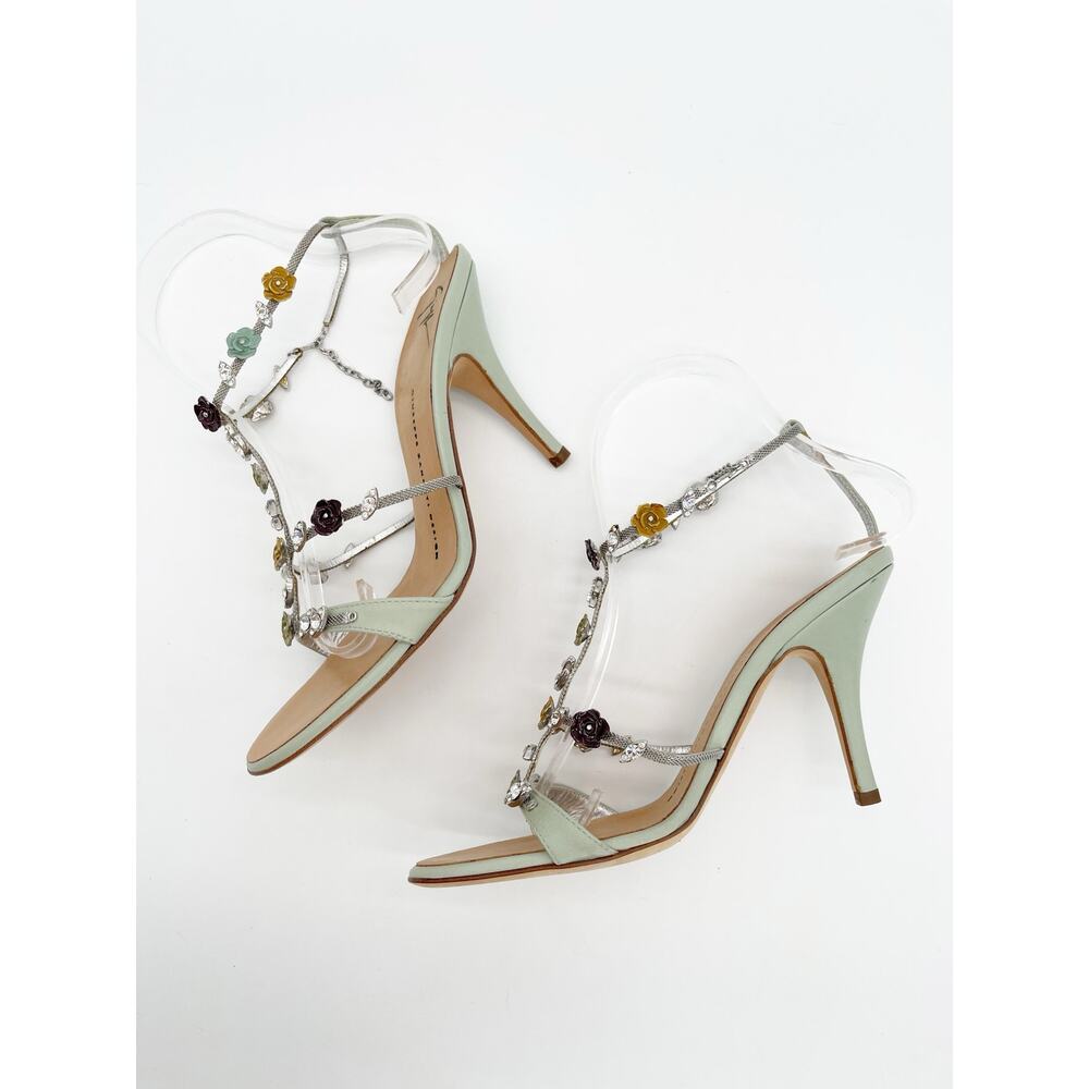Giuseppe Zanotti Vintage Mint Green Crystal Floral T Strap Heeled Sandals US 7.5 - Picture 5 of 13
